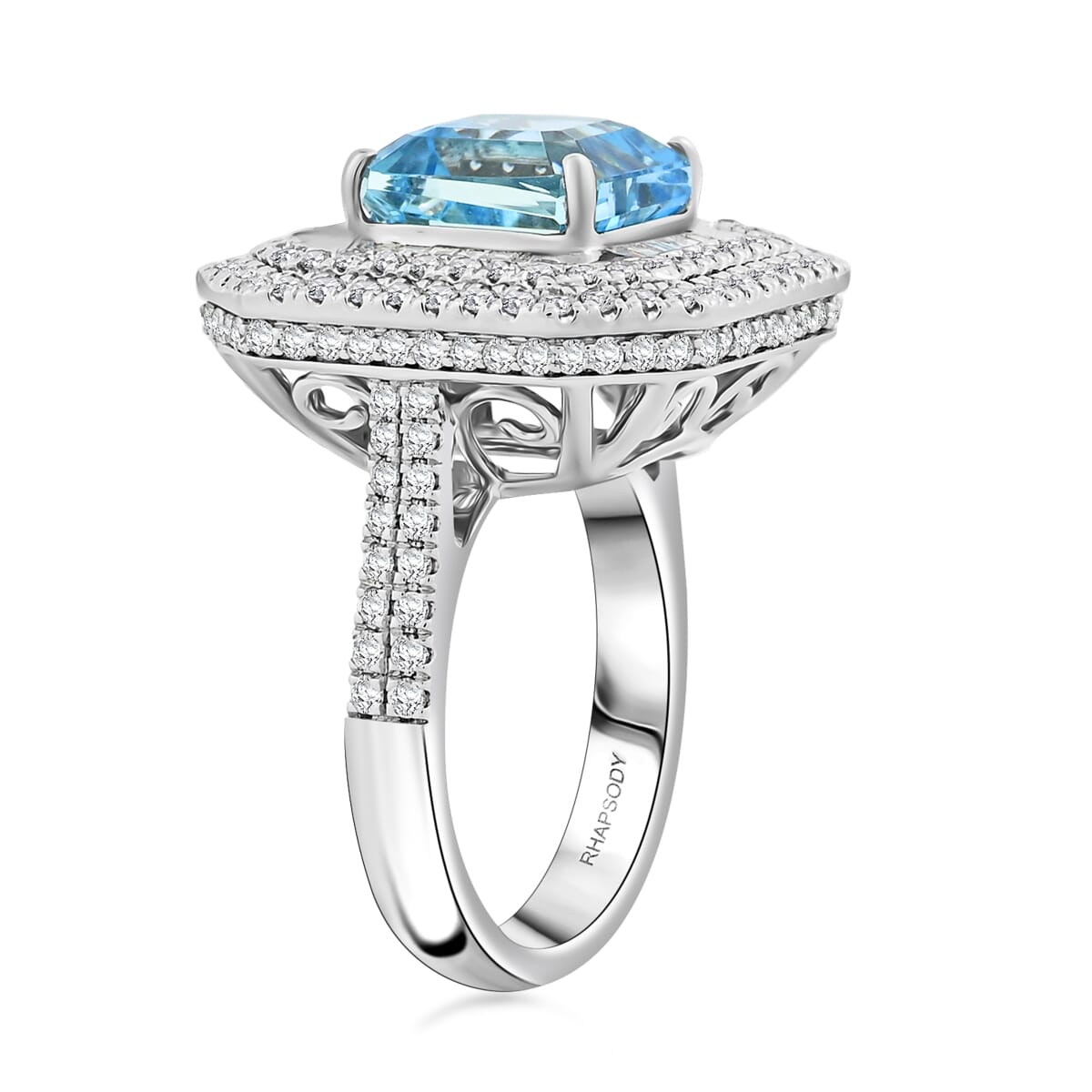 Rhapsody 950 Platinum  AAAA  Santamaria Aquamarine   White Diamond  VS Ring ,  Platinum Wt. 15.35 g (Size 7.0) 6.66 ctw image number 3