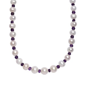 White Freshwater Pearl and African Amethyst 20 ctw Necklace 18 Inches in Rhodium Over Sterling Silver