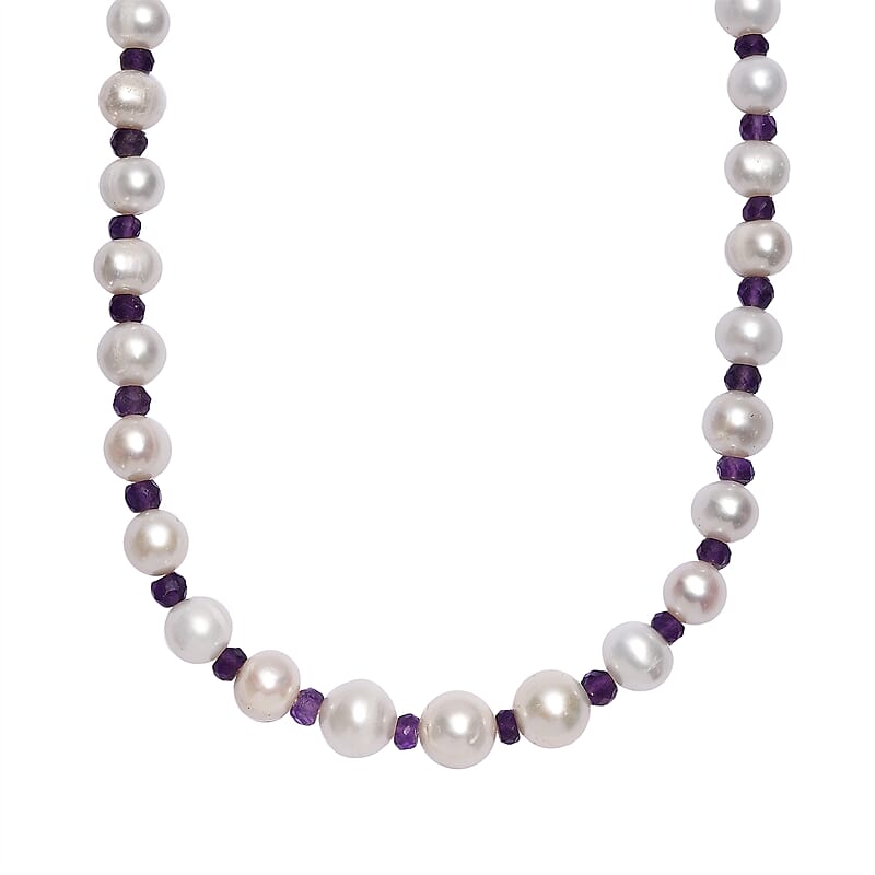 White Freshwater Pearl and African Amethyst 20 ctw Necklace 18 Inches in Rhodium Over Sterling Silver
