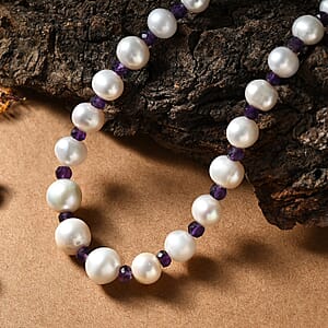 White Freshwater Pearl and African Amethyst 20 ctw Necklace 18 Inches in Rhodium Over Sterling Silver