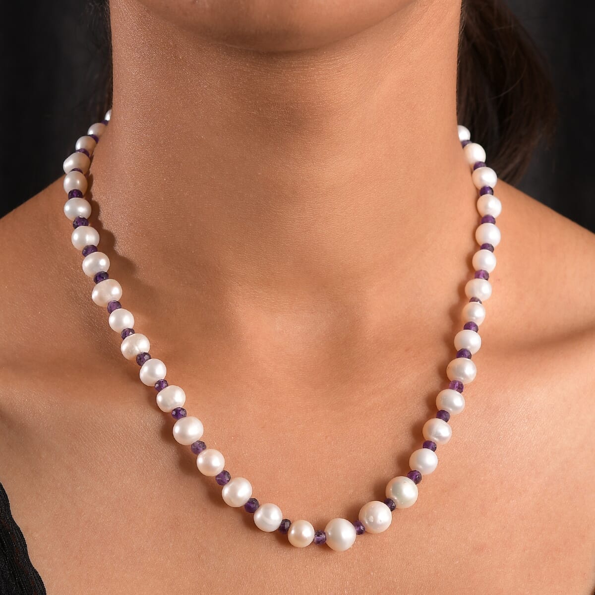 White Freshwater Pearl and African Amethyst 20 ctw Necklace 18 Inches in Rhodium Over Sterling Silver image number 2