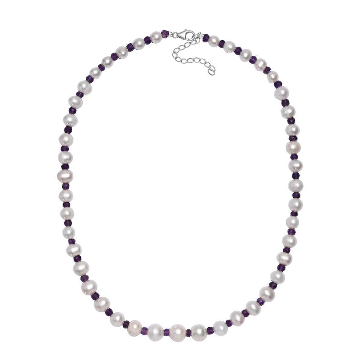 White Freshwater Pearl and African Amethyst 20 ctw Necklace 18 Inches in Rhodium Over Sterling Silver image number 3