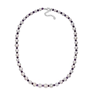 White Freshwater Pearl and African Amethyst 20 ctw Necklace 18 Inches in Rhodium Over Sterling Silver