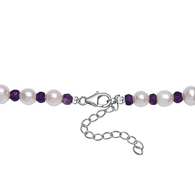 White Freshwater Pearl and African Amethyst 20 ctw Necklace 18 Inches in Rhodium Over Sterling Silver
