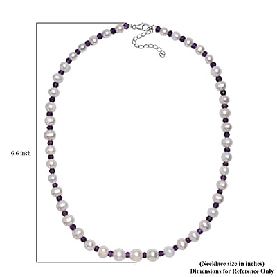 White Freshwater Pearl and African Amethyst 20 ctw Necklace 18 Inches in Rhodium Over Sterling Silver