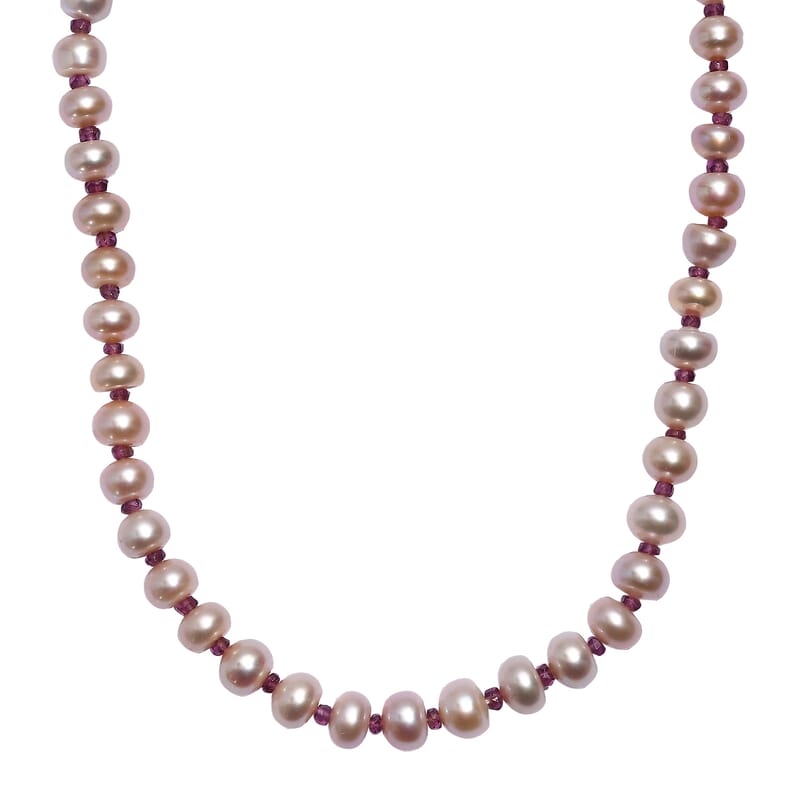 Pink Freshwater Pearl and Orissa Rhodolite Garnet 12.00 ctw Necklace 18 Inches in 18K Vermeil Rose Gold Over Sterling Silver