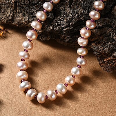 Pink Freshwater Pearl and Orissa Rhodolite Garnet 12.00 ctw Necklace 18 Inches in 18K Vermeil Rose Gold Over Sterling Silver