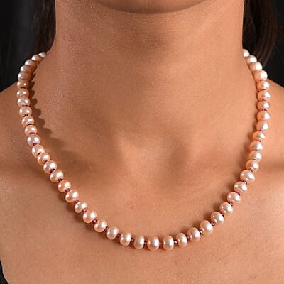 Pink Freshwater Pearl and Orissa Rhodolite Garnet 12.00 ctw Necklace 18 Inches in 18K Vermeil Rose Gold Over Sterling Silver