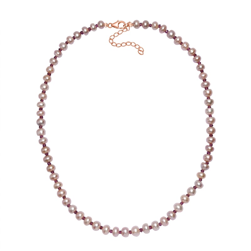 Pink Freshwater Pearl and Orissa Rhodolite Garnet 12.00 ctw Necklace 18 Inches in 18K Vermeil Rose Gold Over Sterling Silver