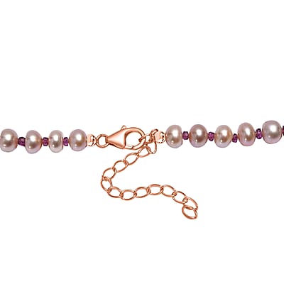 Pink Freshwater Pearl and Orissa Rhodolite Garnet 12.00 ctw Necklace 18 Inches in 18K Vermeil Rose Gold Over Sterling Silver