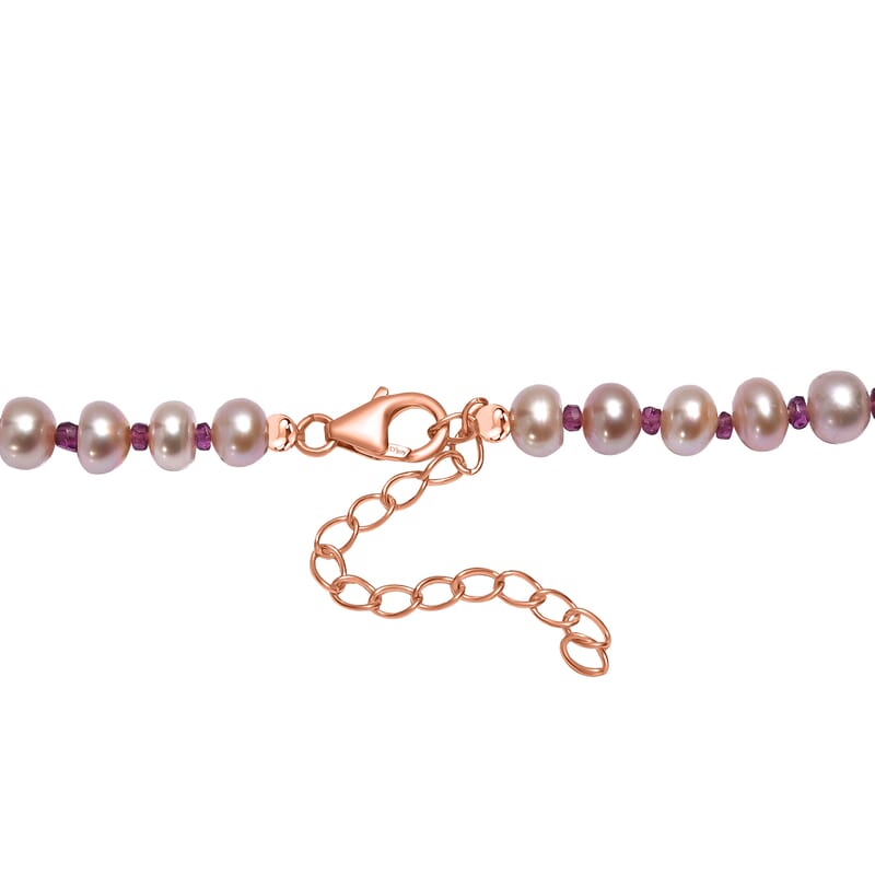 Pink Freshwater Pearl and Orissa Rhodolite Garnet 12.00 ctw Necklace 18 Inches in 18K Vermeil Rose Gold Over Sterling Silver