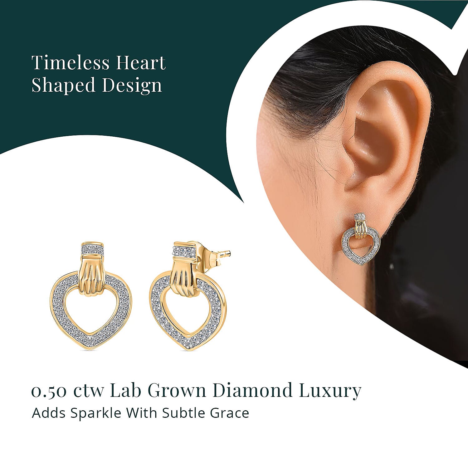 Luxuriant Lab Grown Diamond G-H SI 0.50 ctw Heart Earrings in 18K Vermeil Yellow Gold Over Sterling Silver 