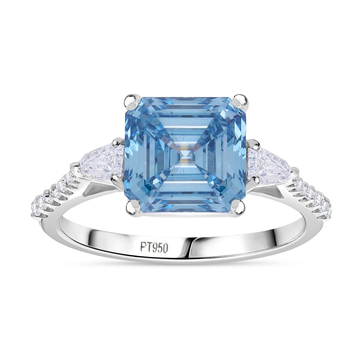 IGI Certified Asscher Cut Luxuriant Lab Grown Blue Diamond VS and Lab Grown Diamond 4.15 ctw Azure Majesty Ring in 950 Platinum (Size 6.0) 4.50 Grams image number 0