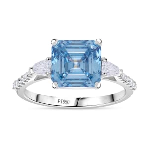 IGI Certified Asscher Cut Luxuriant Lab Grown Blue Diamond VS and Lab Grown Diamond 4.15 ctw Azure Majesty Ring in 950 Platinum (Size 6.0) 4.50 Grams
