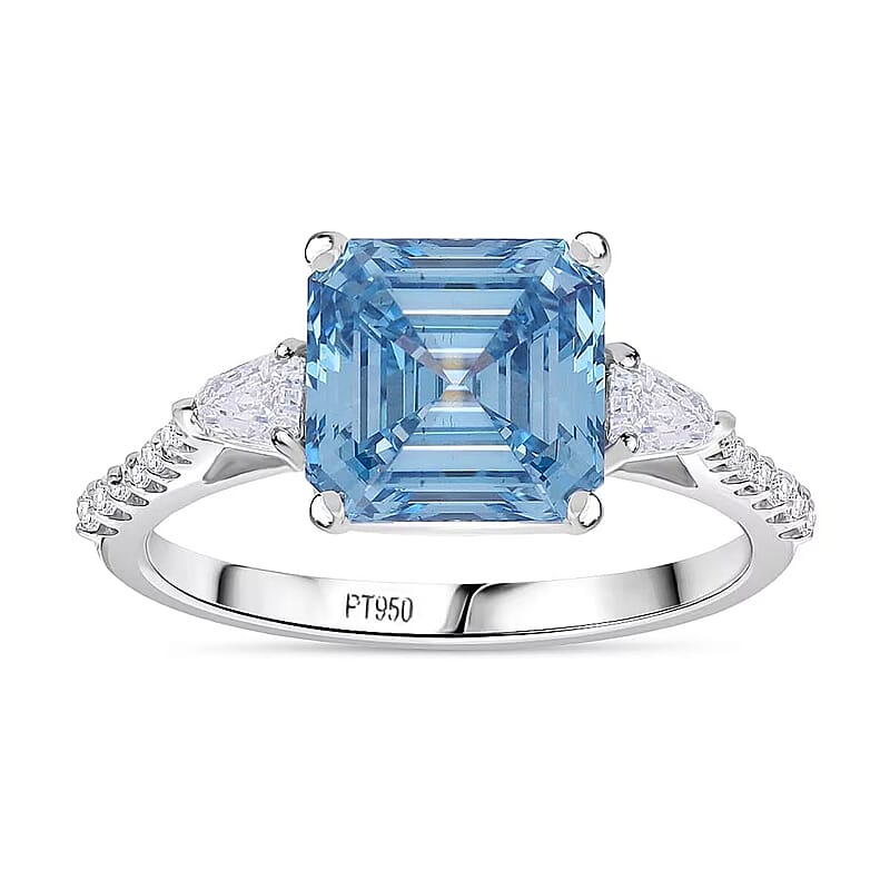 IGI Certified Asscher Cut Luxuriant Lab Grown Blue Diamond (IR) VS and Lab Grown Diamond 4.15 ctw Azure Majesty Ring in 950 Platinum (Size 6.0) 4.50 Grams