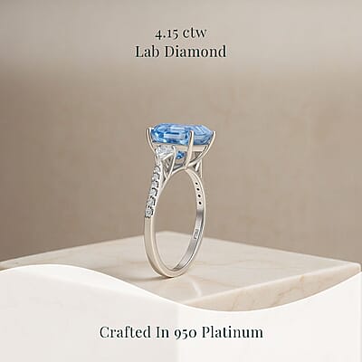 IGI Certified Asscher Cut Luxuriant Lab Grown Blue Diamond (IR) VS and Lab Grown Diamond 4.15 ctw Azure Majesty Ring in 950 Platinum (Size 6.0) 4.50 Grams