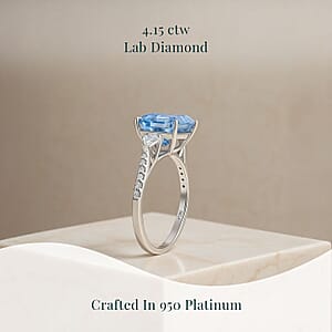 IGI Certified Asscher Cut Luxuriant Lab Grown Blue Diamond VS and Lab Grown Diamond 4.15 ctw Azure Majesty Ring in 950 Platinum (Size 9.0) 4.50 Grams