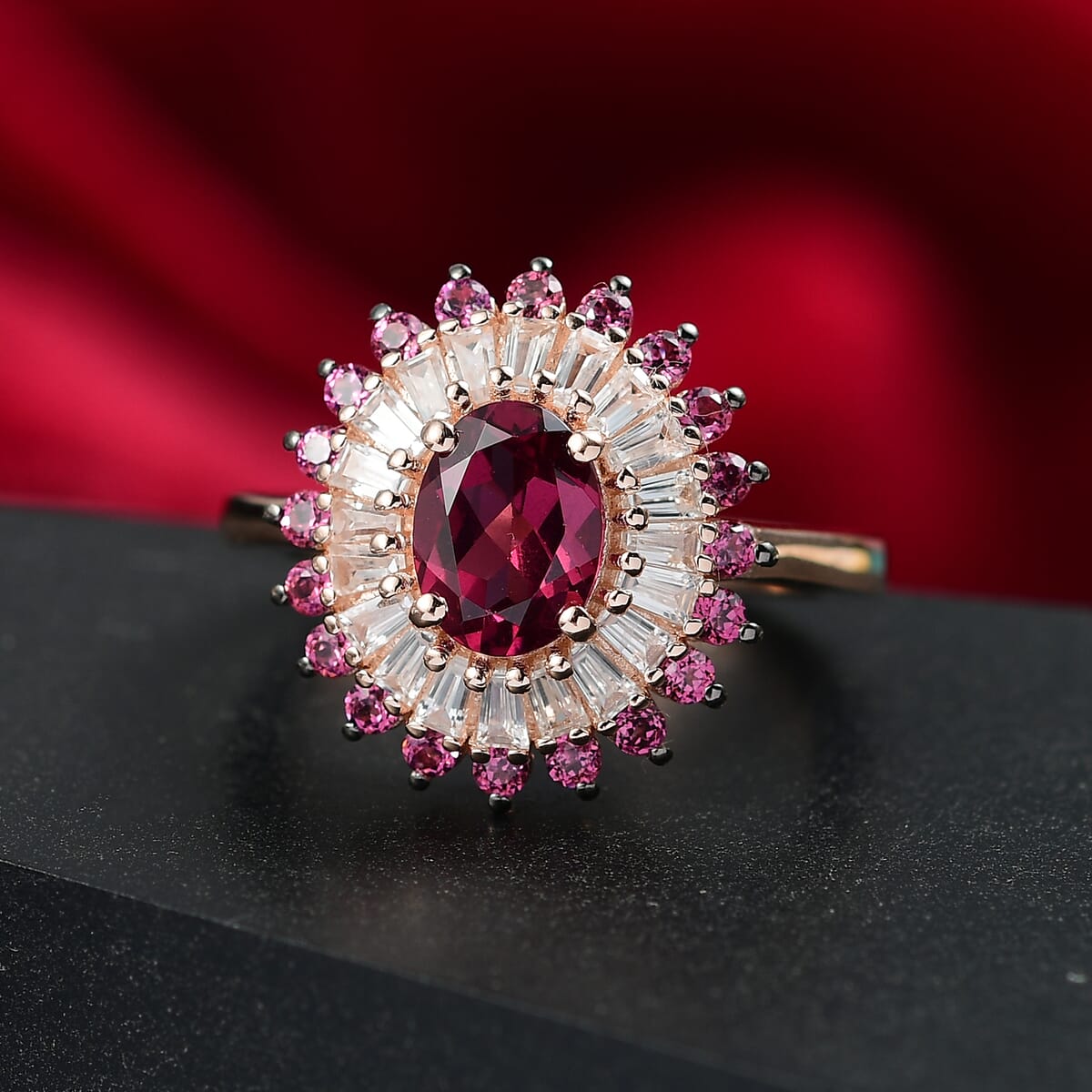 D'Joy Tanzanian Wine Garnet and White Zircon 3.00 ctw Crown Blaze Ring in 18K Vermeil Rose Gold Over Sterling Silver (Size 10.0) image number 1