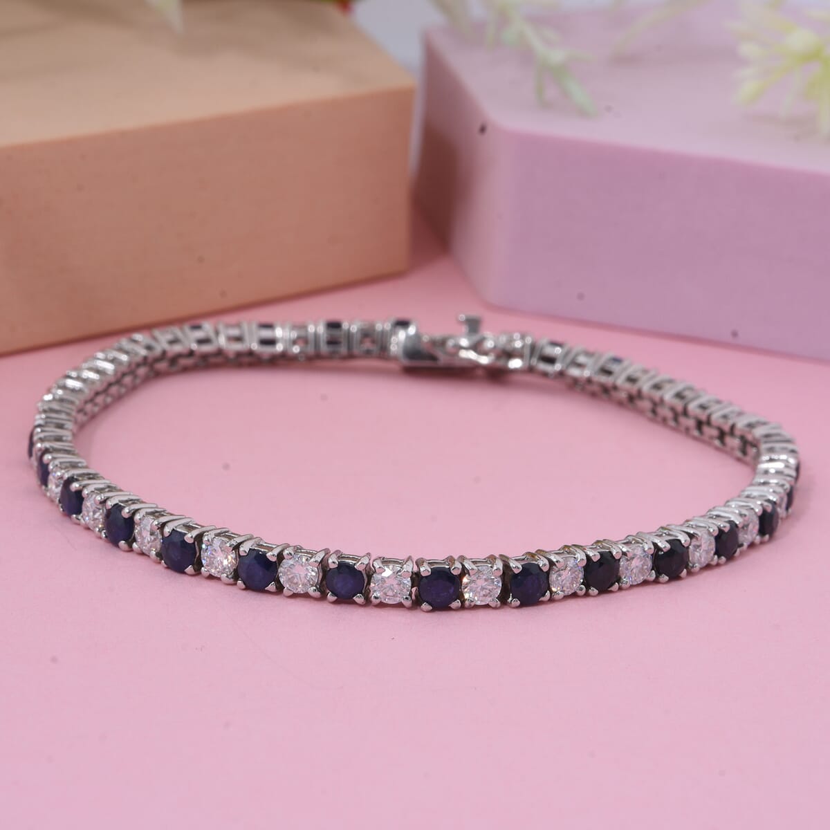 AAA Kanchanaburi Blue Sapphire, Moissanite Bracelet in Rhodium Over Sterling Silver (6.50 In) 6.15 ctw image number 1