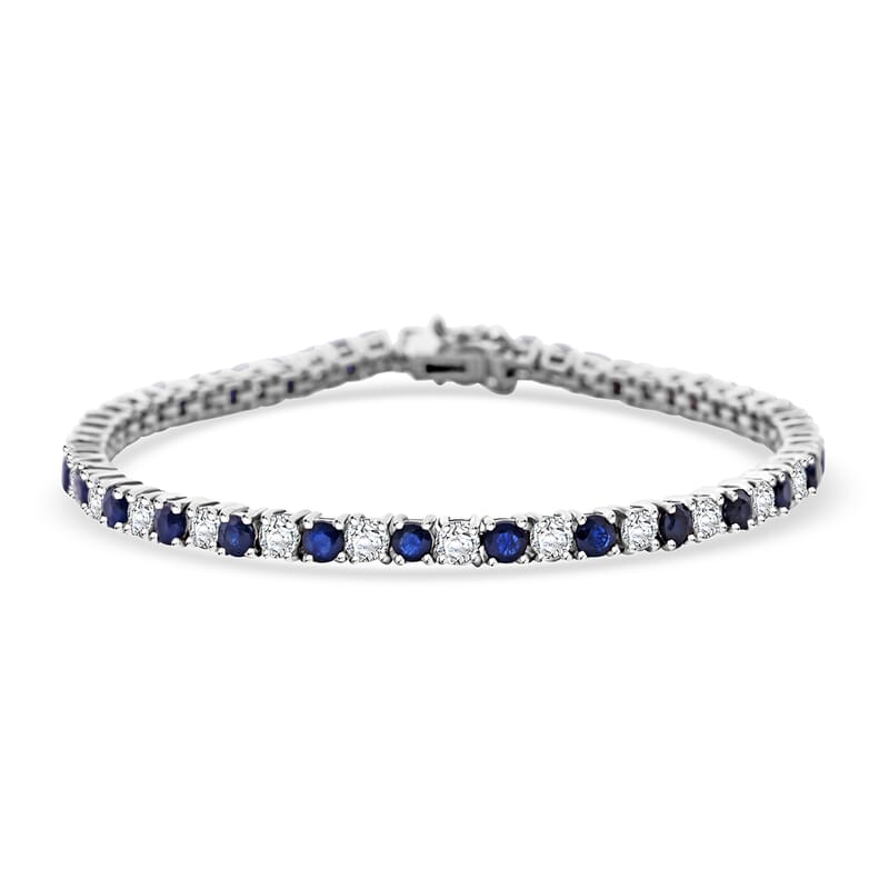 D'Joy AAA Kanchanaburi Blue Sapphire and Moissanite 6.85 ctw Midnight Royalty Bracelet in Rhodium Over Sterling Silver (7.25 In)