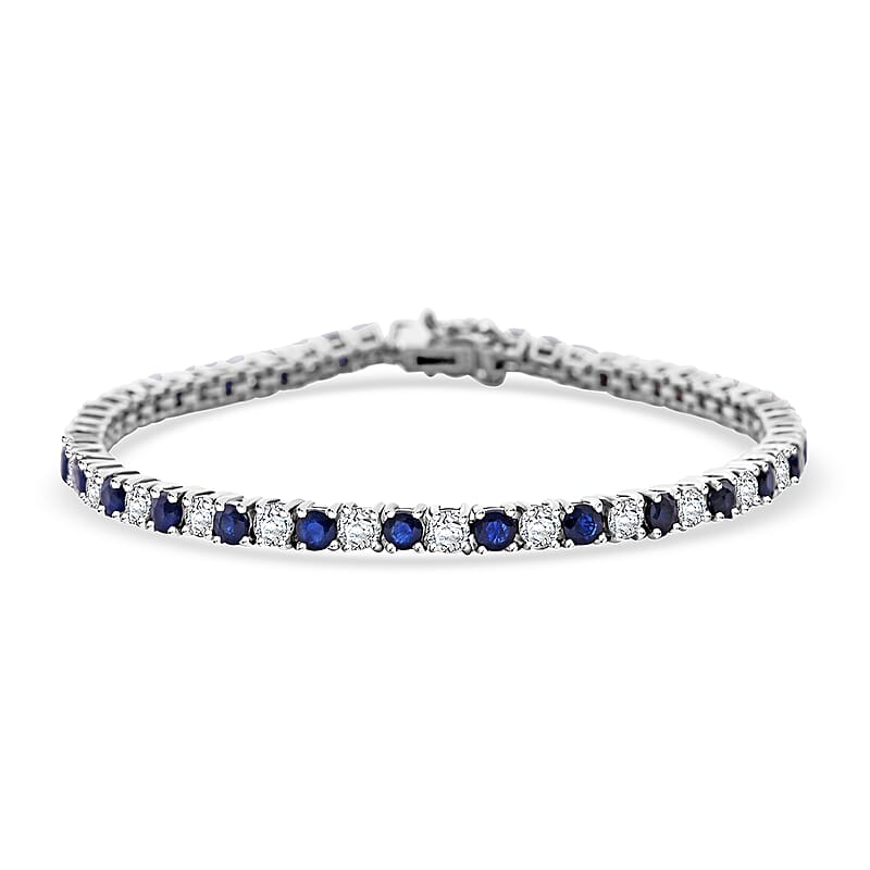 D'Joy AAA Kanchanaburi Blue Sapphire and Moissanite 6.85 ctw Midnight Royalty Bracelet in Rhodium Over Sterling Silver (7.25 In)