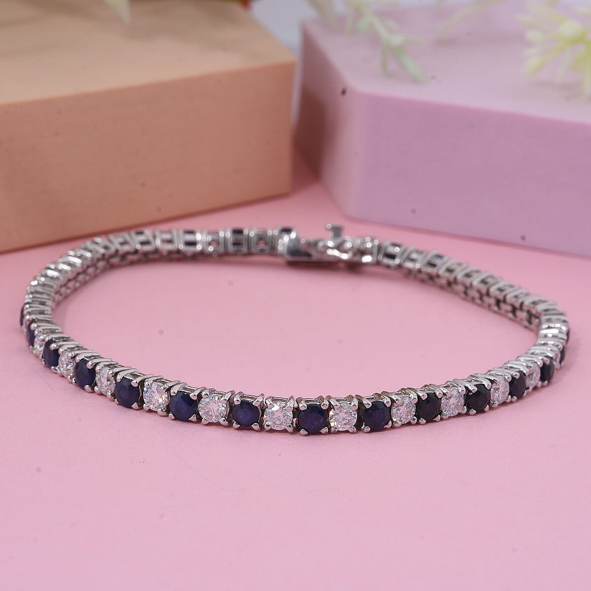 D'Joy AAA Kanchanaburi Blue Sapphire and Moissanite 6.85 ctw Midnight Royalty Bracelet in Rhodium Over Sterling Silver (7.25 In) image number 1