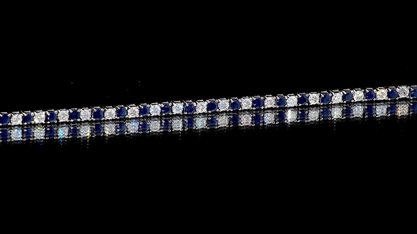 AAA Kanchanaburi Blue Sapphire, Moissanite Bracelet in Rhodium Over Sterling Silver (6.50 In) 6.15 ctw