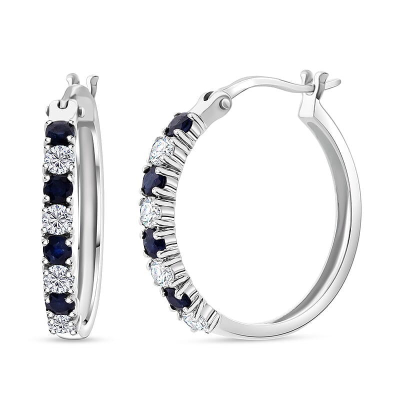 D'Joy Premium Kanchanaburi Blue Sapphire and Moissanite 1.50 ctw Midnight Royalty Earrings in Rhodium Over Sterling Silver