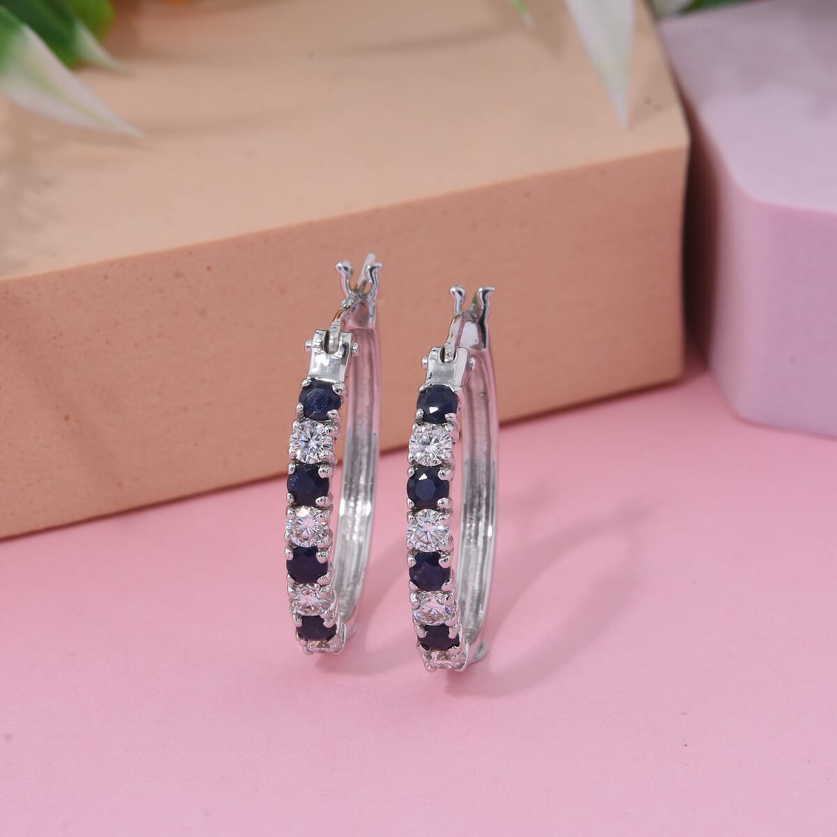 D'Joy Premium Kanchanaburi Blue Sapphire and Moissanite 1.50 ctw Midnight Royalty Earrings in Rhodium Over Sterling Silver image number 1