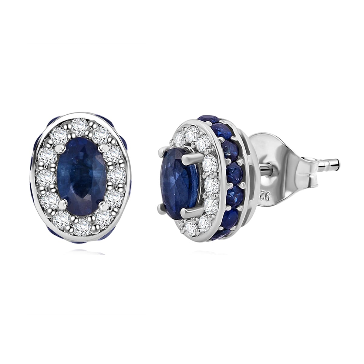 D'Joy Premium Kanchanaburi Blue Sapphire and Moissanite 1.50 ctw Crown Deco Stud Earrings in Rhodium OverSterling Silver image number 0
