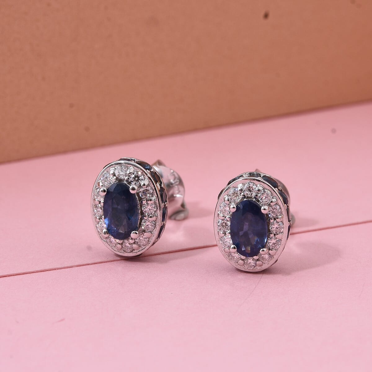 D'Joy Premium Kanchanaburi Blue Sapphire and Moissanite 1.50 ctw Crown Deco Stud Earrings in Rhodium OverSterling Silver image number 1
