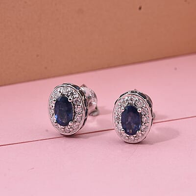 D'Joy Premium Kanchanaburi Blue Sapphire and Moissanite 1.50 ctw Crown Deco Stud Earrings in Rhodium OverSterling Silver