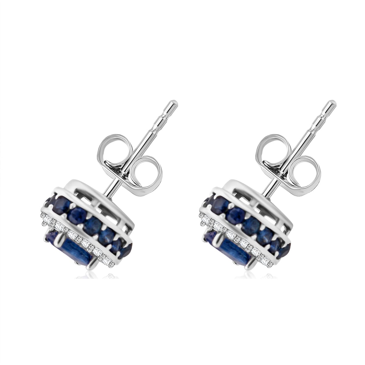D'Joy Premium Kanchanaburi Blue Sapphire and Moissanite 1.50 ctw Crown Deco Stud Earrings in Rhodium OverSterling Silver image number 3