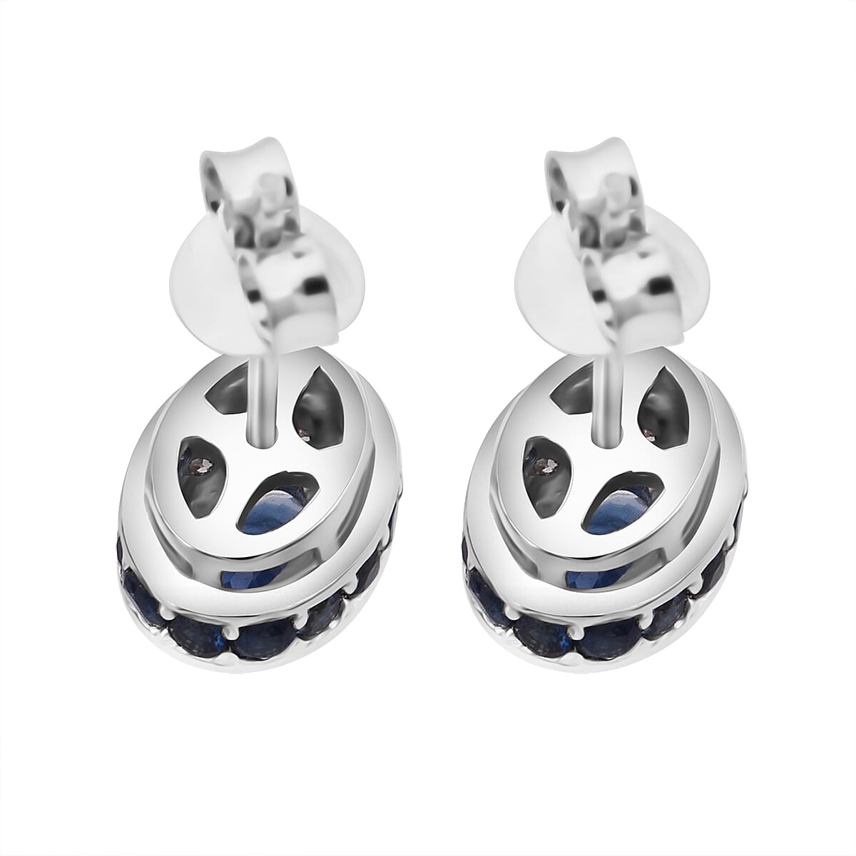 D'Joy Premium Kanchanaburi Blue Sapphire and Moissanite 1.50 ctw Crown Deco Stud Earrings in Rhodium OverSterling Silver