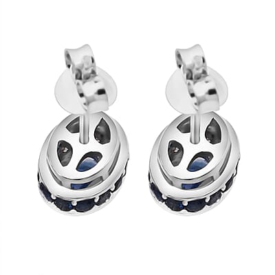 D'Joy Premium Kanchanaburi Blue Sapphire and Moissanite 1.50 ctw Crown Deco Stud Earrings in Rhodium OverSterling Silver