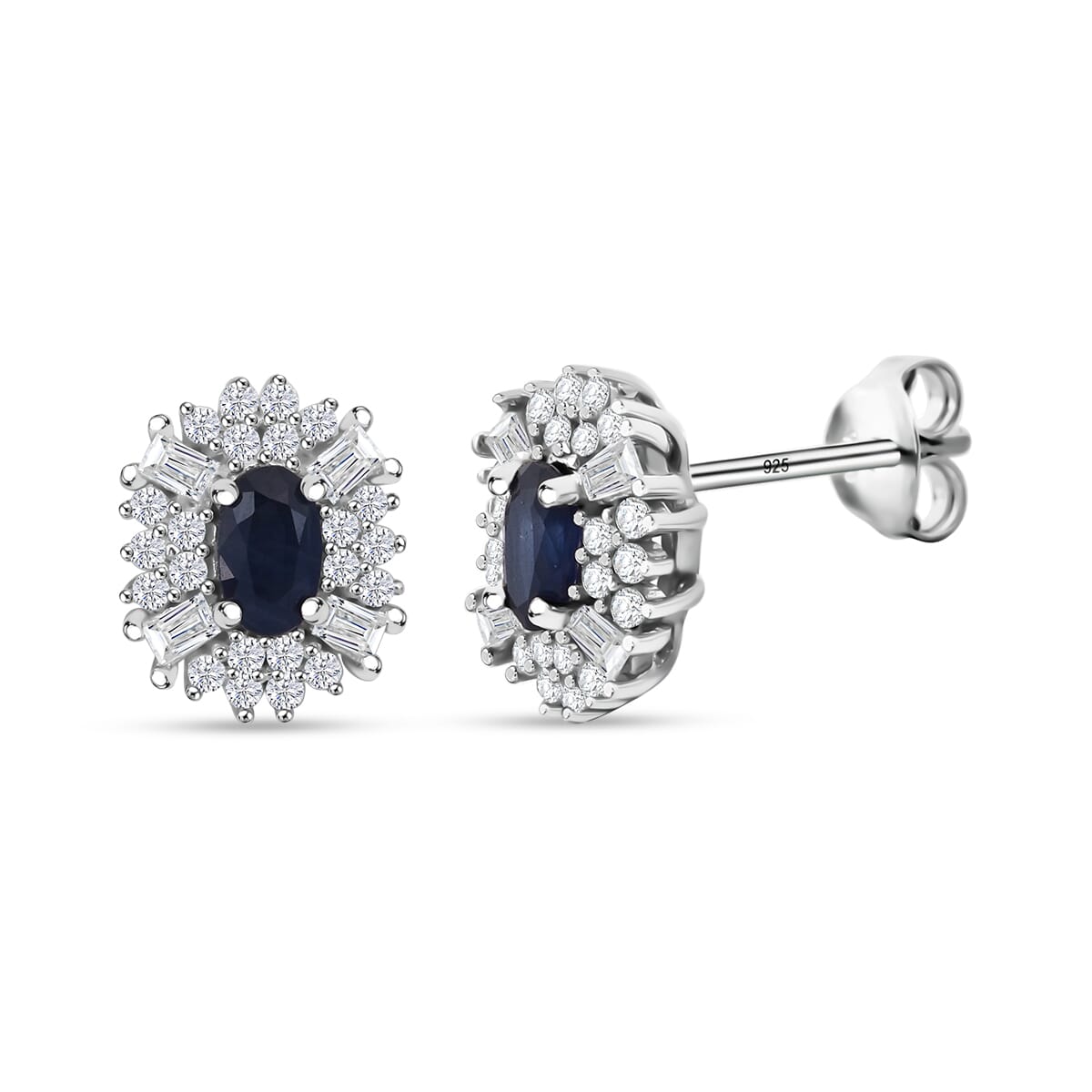 D'Joy Premium Kanchanaburi Blue Sapphire and Moissanite 1.00 ctw Midnight Halo Earrings in Rhodium Over Sterling Silver image number 0