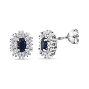 D'Joy Premium Kanchanaburi Blue Sapphire and Moissanite 1.00 ctw Midnight Halo Earrings in Rhodium Over Sterling Silver