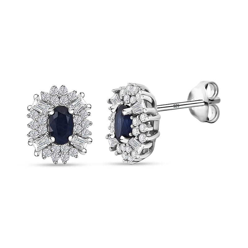 D'Joy Premium Kanchanaburi Blue Sapphire and Moissanite 1.00 ctw Midnight Halo Earrings in Rhodium Over Sterling Silver