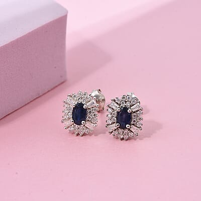 D'Joy Premium Kanchanaburi Blue Sapphire and Moissanite 1.00 ctw Midnight Halo Earrings in Rhodium Over Sterling Silver