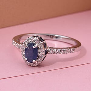 D'Joy Premium Kanchanaburi Blue Sapphire and Moissanite 1.70 ctw Halo Ring in Rhodium Over Sterling Silver (Size 10.0)
