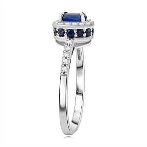 D'Joy Premium Kanchanaburi Blue Sapphire and Moissanite 1.70 ctw Halo Ring in Rhodium Over Sterling Silver (Size 10.0)
