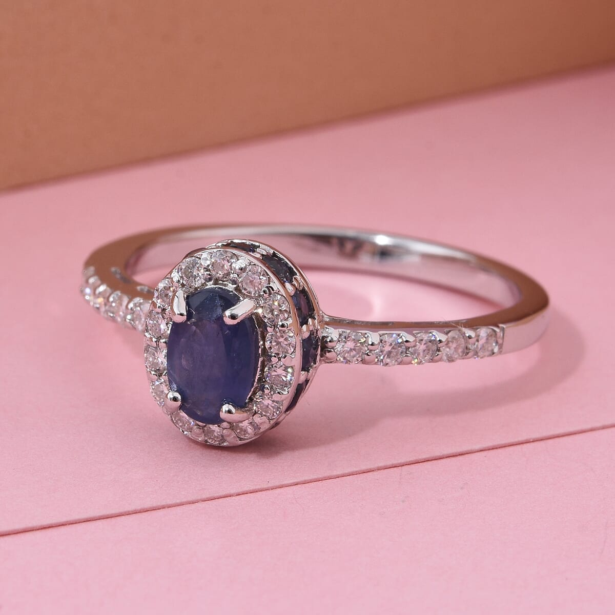 D'Joy Premium Kanchanaburi Blue Sapphire and Moissanite 1.70 ctw Midnight Halo Ring in Rhodium Over Sterling Silver (Size 7.0) image number 1