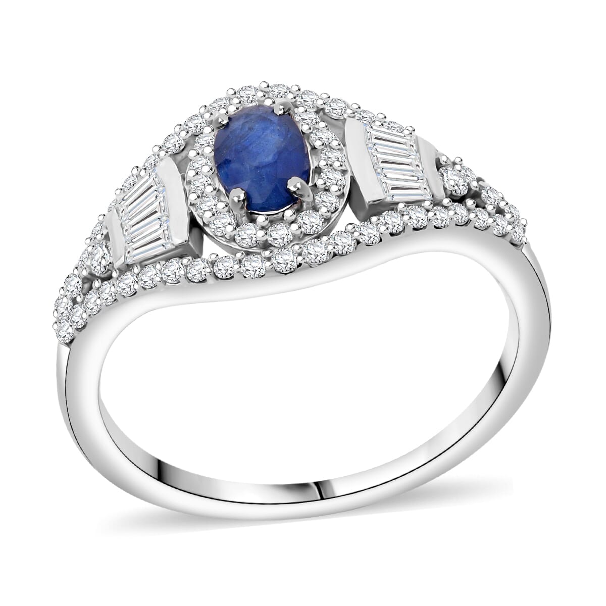 D'Joy Premium Kanchanaburi Blue Sapphire and Moissanite 1.15 ctw Regal Radiance Ring in Rhodium Over Sterling Silver (Size 10.0) image number 0