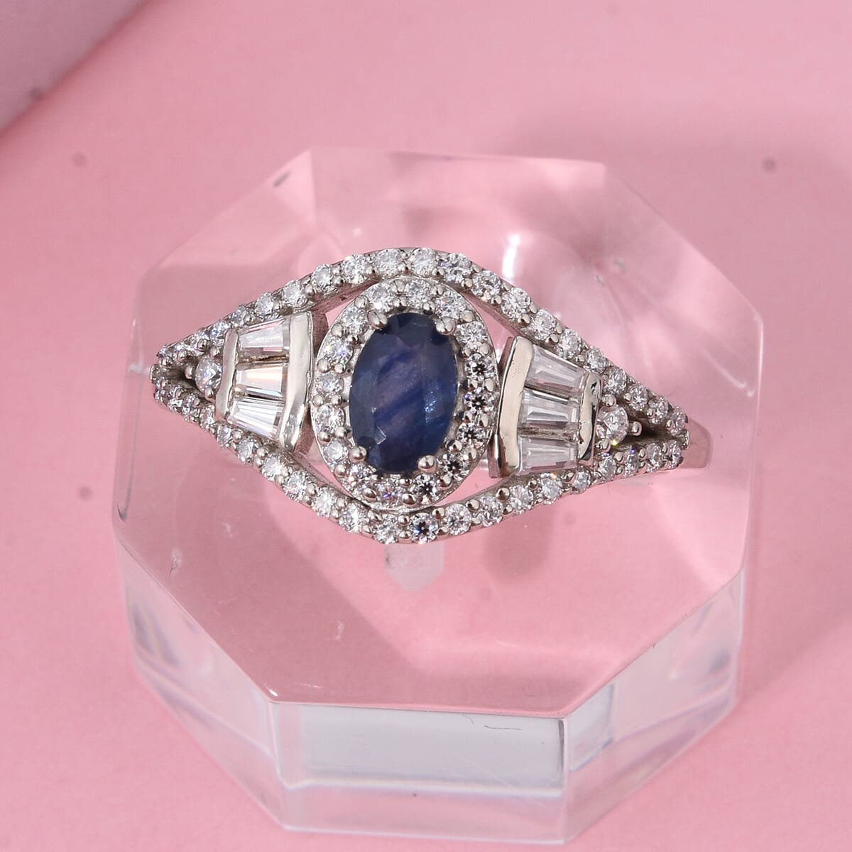 D'Joy Premium Kanchanaburi Blue Sapphire and Moissanite 1.15 ctw Regal Radiance Ring in Rhodium Over Sterling Silver (Size 10.0) image number 1