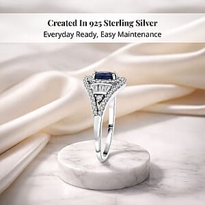 D'Joy Premium Kanchanaburi Blue Sapphire and Moissanite 1.15 ctw Regal Radiance Ring in Rhodium Over Sterling Silver (Size 10.0)