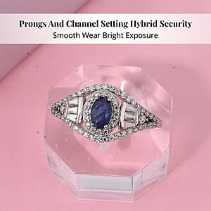 D'Joy Premium Kanchanaburi Blue Sapphire and Moissanite 1.15 ctw Regal Radiance Ring in Rhodium Over Sterling Silver (Size 10.0)