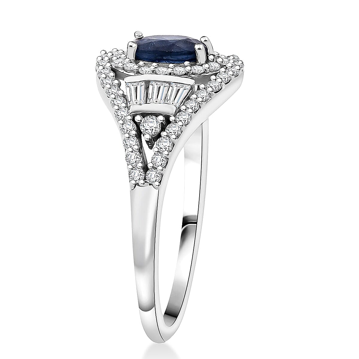 Premium Kanchanaburi Blue Sapphire, Moissanite Ring in Rhodium Over Sterling Silver (Size 5.0) 1.15 ctw image number 3