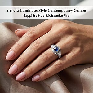 D'Joy Premium Kanchanaburi Blue Sapphire and Moissanite 1.15 ctw Regal Radiance Ring in Rhodium Over Sterling Silver (Size 7.0)