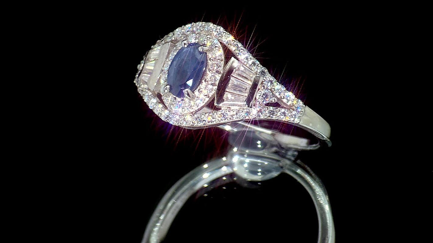 Premium Kanchanaburi Blue Sapphire, Moissanite Ring in Rhodium Over Sterling Silver (Size 10.0) 1.15 ctw