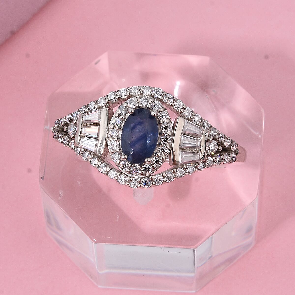 D'Joy Premium Kanchanaburi Blue Sapphire and Moissanite 1.15 ctw Regal Radiance Ring in Rhodium Over Sterling Silver (Size 8.0) image number 1